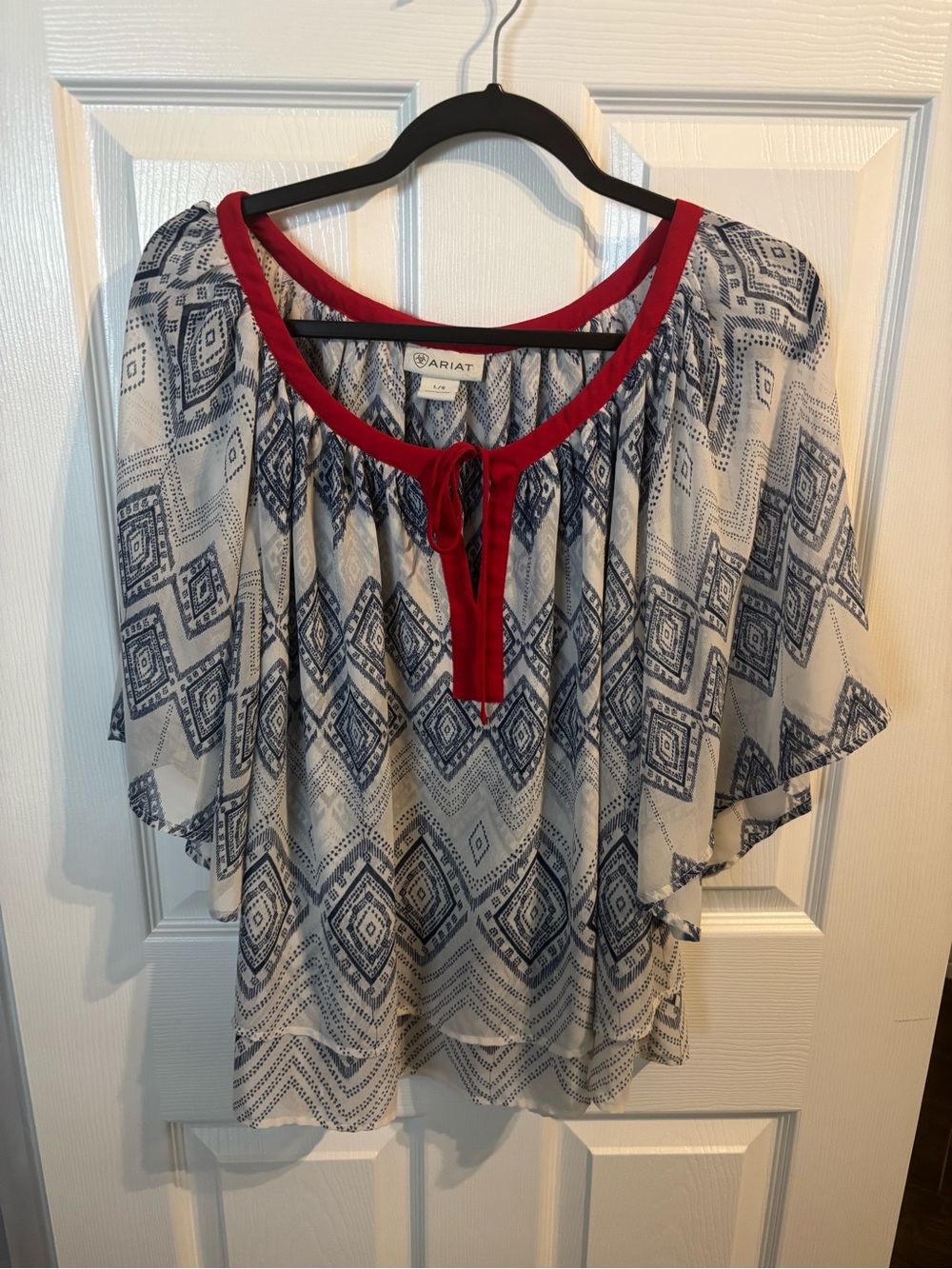 Ariat Navy Diamond Print Peasant Top with Red Trim